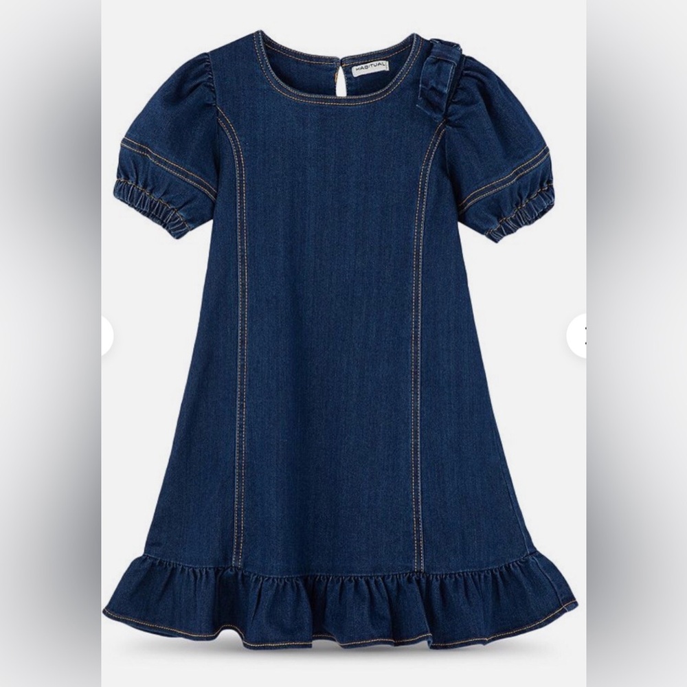 Habitual - Little Kid Girls Flounce Denim Dress Dark Wash Bow Accent